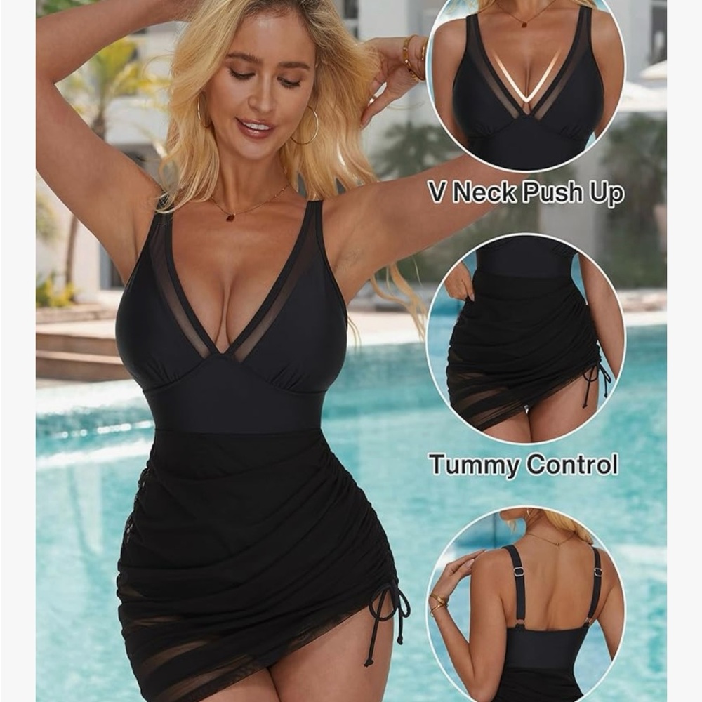 Black Mesh Swimsuit with Ruched Skirt - Picture 2 of 7